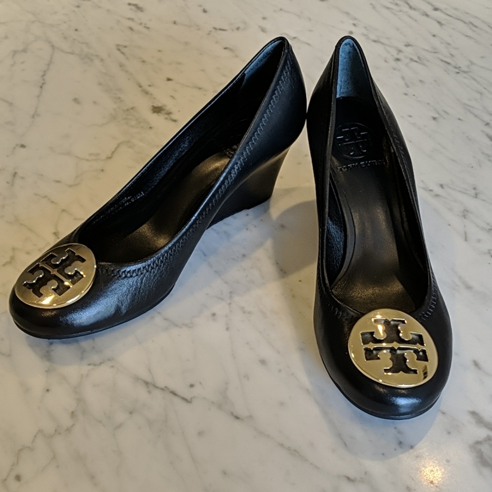 Tory Burch Black Wedge with Gold Logo Emblem